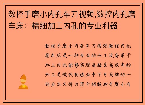 数控手磨小内孔车刀视频,数控内孔磨车床：精细加工内孔的专业利器